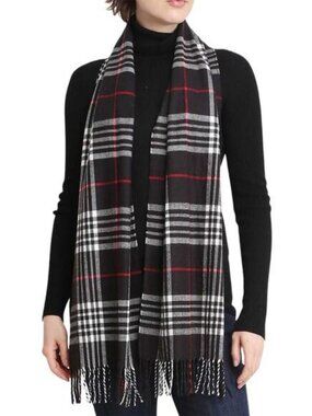 Janice Apparel Women's Faux Cashmere Scarf Black Plaid & Fringe Italian Design